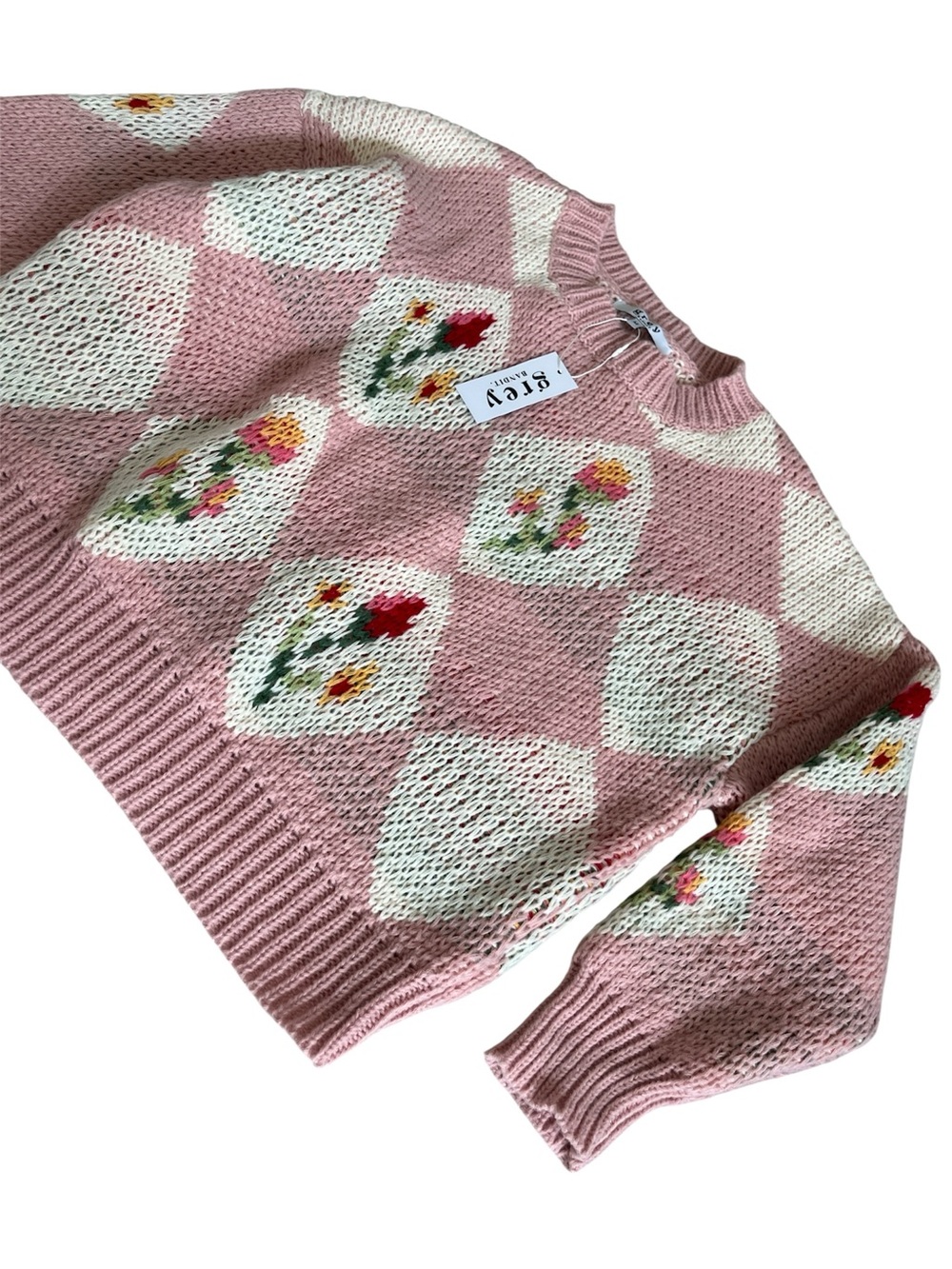 Grey Bandit Pink Cream Floral Diamond Knit Oversized Chunky Sweater Women M NWT